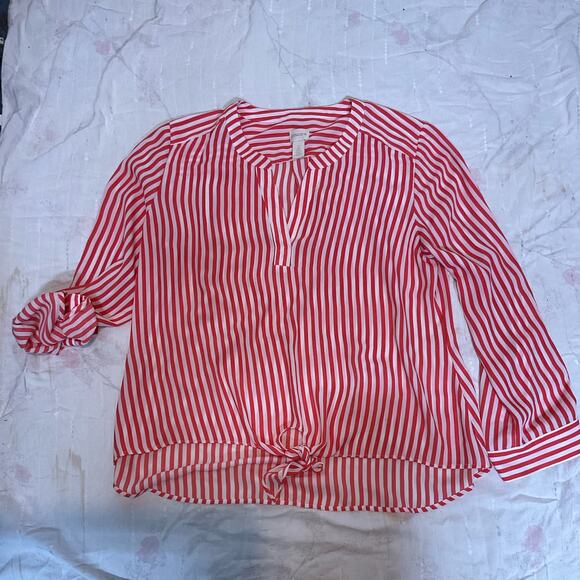 Chicos Blouse Womens Size 2 Large Tie Front Roll Tab Vee Neck Coral White Stripe - Picture 15 of 16